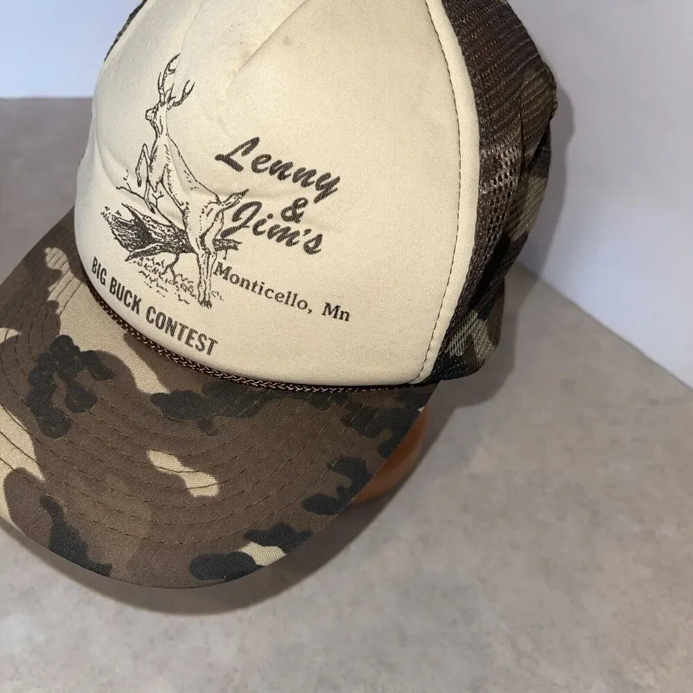 Vtg Deer hunting camo hat Men Snapback Lenny Jim’s Big Buck Contest Cap San Sun